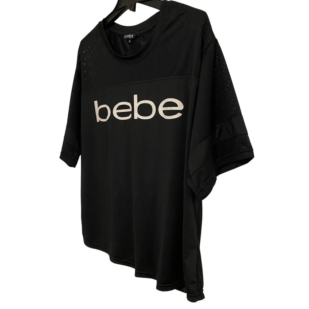 Bebe Sport Y2K Style Jersey Top Womens 1X Black Mesh Logo Graphic Tee - Picture 5 of 6